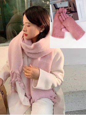 Knitted Double Layer Touch Screen Glove + Solid Blanket Scarf W/ Twisted Tassels Set (GL121712PK + SF195806PK)